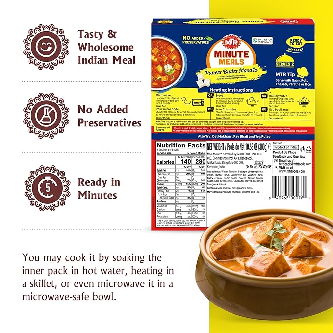 MTR - Minute Meals: Paneer Butter Masala - Creamy Cottage Cheese Curry - Tasty Indian Meal with No Added Preservatives - A Quick Meal Suitable for Vegetarians, Ready in Minutes! (Pack of 6)