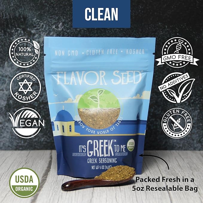 Flavor Seed It's Greek To Me, Organic Greek Seasoning Blend, Gyro & Tzatziki Seasoning, Kebab, Carnivore & Keto Friendly, Mediterranean Diet, Non GMO, Preservative Free, Kosher, 5 oz Resealable Bag