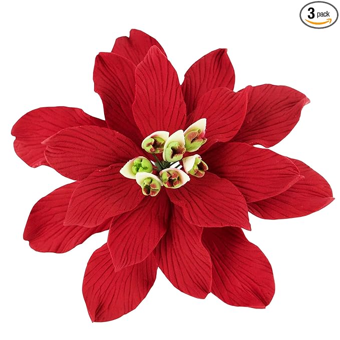 Global Sugar Art Poinsettia Sugar Cake Flowers, Fancy, Large Red, 3 Count by Chef Alan Tetreault. Perfect for Christmas Cake Decorations, Yule Logs, Gingerbread Houses, and more.