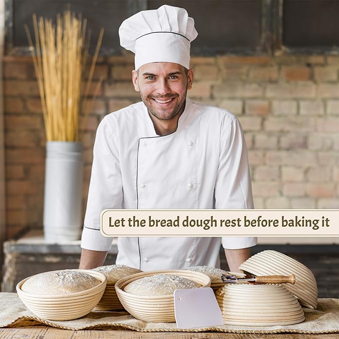 Sourdough Bread Baking Supplies Starter Kit, Banneton Proofing Basket Round 9" Set of 2, Perfect Basket Gift Set