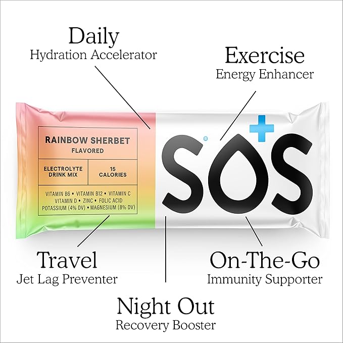 SOS Hydration Electrolyte Powder 8 Stick Packs ??Low-Calorie, Rapid Rehydration, Made in USA, Keto (8 Servings, Rainbow Sherbert)