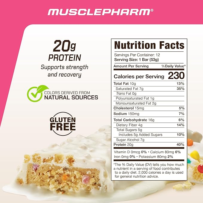 MusclePharm Combat Ready Protein Bar, Confetti Cake High Protein Bars, Combat Cravings, Fuel Performance & Meet Energy Demands, 20g Protein from Whey Protein, 4g Fiber, Gluten Free, 12 Bars