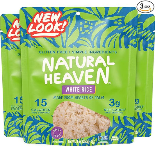 Natural Heaven White Rice, Hearts of Palm, 3-Pack ??Naturally Rich in Potassium, Low-Calorie Veggie Rice, Keto & Gluten-Free Food, Vegan, 9 Oz Ea