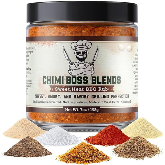 Sweet Heat BBQ Rub by Chimi Boss Blends, 7oz ??All-Natural BBQ Seasoning with a Bold Kick of Sweet and Spicy ??Handcrafted, No Fillers, Perfect Barbecue Rub for Grilling Meats, Ribs, Chicken, Pork & Veggies