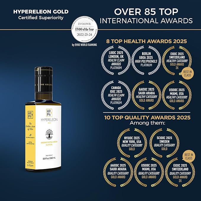 HYPERELEON GOLD | Premium, Organic, Extremely High Phenolic, Greek Extra Virgin Olive Oil 100% Pure & Natural | Bio & Unfiltered | 85 Top INTERNATIONAL Awards | 260ml (Pack of 2)