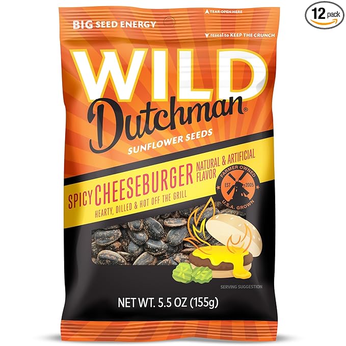 Wild Dutchman, Roasted Sunflower Seeds, Mouth Friendly Recipe for All Day Snacking, Spicy Cheeseburger, 5.5 oz (Pack of 12)