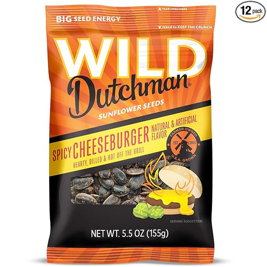 Wild Dutchman, Roasted Sunflower Seeds, Mouth Friendly Recipe for All Day Snacking, Spicy Cheeseburger, 5.5 oz (Pack of 12)