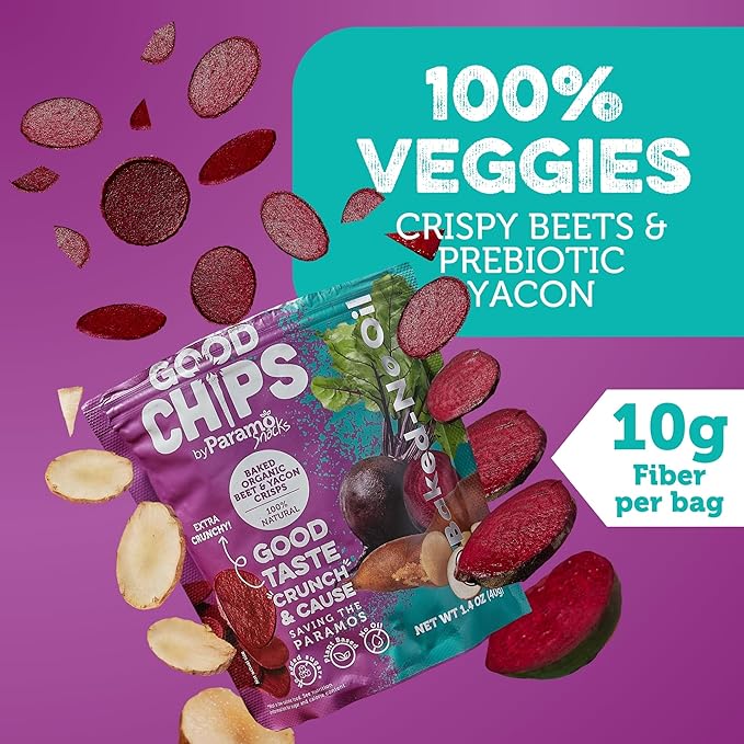 Good Chips Beet & Yacon - Crispy, Baked, No Oil, No Added Salt - Organic, High Fiber, Prebiotic Superfood - Healthy, Vegan Snack - 1.4 oz, Pack of 12