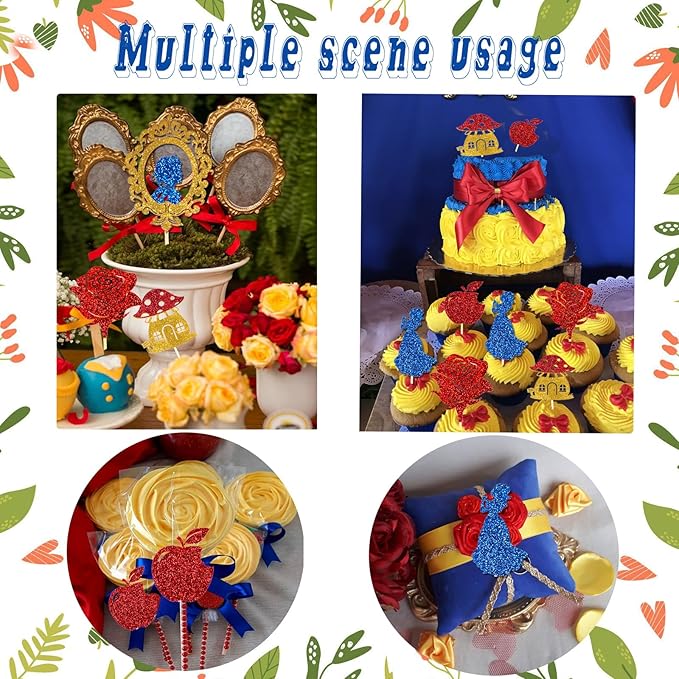 24pcs Blue Princess Cupcake Topper Glitter Royal Castle Happy Birthday Cake Toppers Red Rose Apple Cupcake Toppers for Princess Birthday Wonderland Forest Baby Shower Halloween Party Decor