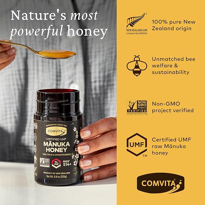Comvita Manuka Honey UMF 15+ (MGO 514+) - Raw Manuka Honey New Zealand, Pure & Unpasteurized, Superfood for Immune Health, Use in Tea, Wild, Monofloral, Non-GMO - 250g (8.8 oz)