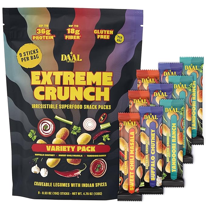Daal By Keen Crunchy Mung Bean Snacks ??Variety Pack - Plant-Based Protein, High Fiber, Gluten Free & Nut-Free ??Mix into Salads or Enjoy as an On-the-Go Snack - 1 Resealable Pack, 4.76 oz