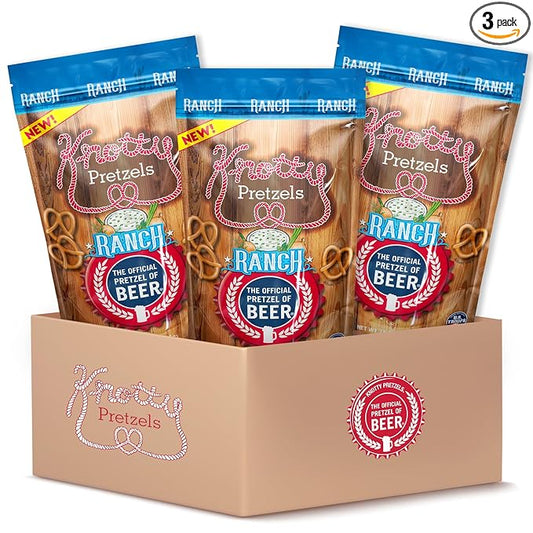 Knotty Pretzels ?쏷he Official Pretzel of Beer??7.5 oz Individual Seasoned Pretzels in Resealable Pretzel Snack Bags, The Perfect Pairing for Beer, Ranch Flavor (3-Pack)