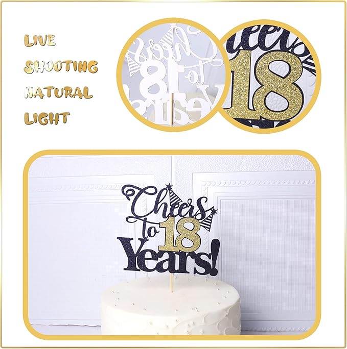 Rsstarxi 1 Pack Cheers to 18 Years Cake Topper Glitter Eighteen Years Old 18th Birthday Cake Pick 18 Fabulous Cake Decorations for Happy 18th Birthday Wedding Anniversary Party Supplies Black