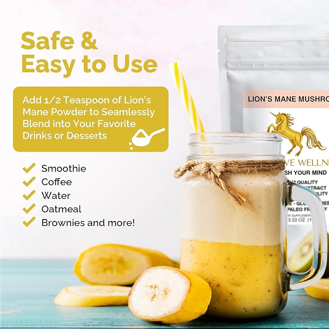 Addictive Wellness Lions Mane Supplement Powder, Premium Quality Lions Mane Mushroom Powder Dual-Extract Nootropic, Sugar Free, Vegan & Paleo Lion's Mane Mushroom Supplement - 1500 mg (100 Grams)