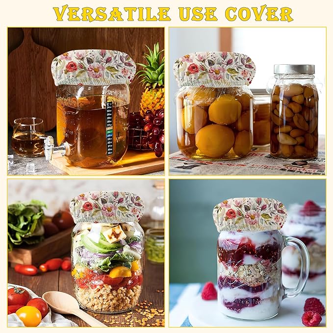 Vintage Romantic Floral Sourdough Starter Cloth Covers Jars, Or Kombucha Kefir Fermentation Cheese Fabric Lids, Fit Jars Mouth from 3-4 inch, 5 Pack