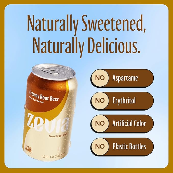 Zevia Zero Sugar Soda, Creamy Root Beer, 12 oz Cans (8-Pack) ??Naturally Sweetened, Non-GMO Project Verified, Gluten-Free, Vegan