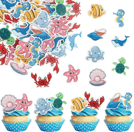 56 Pack Edible Ocean Animals Cupcake Toppers Starfish Hippocampus Seaweed Ocean Sea Mermaid Cupcake Picks for Under The Ocean Themed Cake Decorations Party Supplies