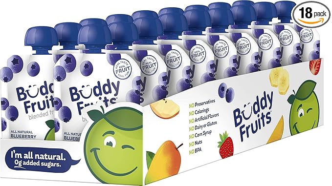 Buddy Fruits Snacks To Go Blueberry Unsweetened Applesauce 3.2oz Pouch (18pk) Gluten-Nut-Dairy-Preservatives-BPA Free, Non GMO, Kosher