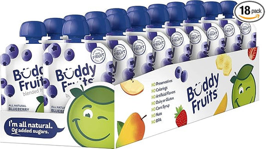 Buddy Fruits Snacks To Go Blueberry Unsweetened Applesauce 3.2oz Pouch (18pk) Gluten-Nut-Dairy-Preservatives-BPA Free, Non GMO, Kosher