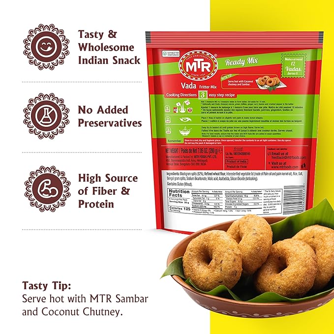 MTR Instant Vada Mix - Ready to Cook Authentic Indian Breakfast, Lunch, Dinner or Snack Meal - No Added Preservatives - A Quick & Easy Recipe Suitable for Vegetarians - (200g, Pack of 6)