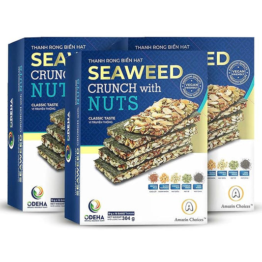 Seaweed Crunch with Nuts Classic Taste. Seaweed Snack Bars with Cashews, Almonds & Pumpkin Seeds by Amazin Choices. Premium Snack, Vegan, Snack Strips, Asian Chips Variety Pack, Seaweed Sheets, Sandwich Seaweed - 32.1oz - Box of 3 (48 counts )