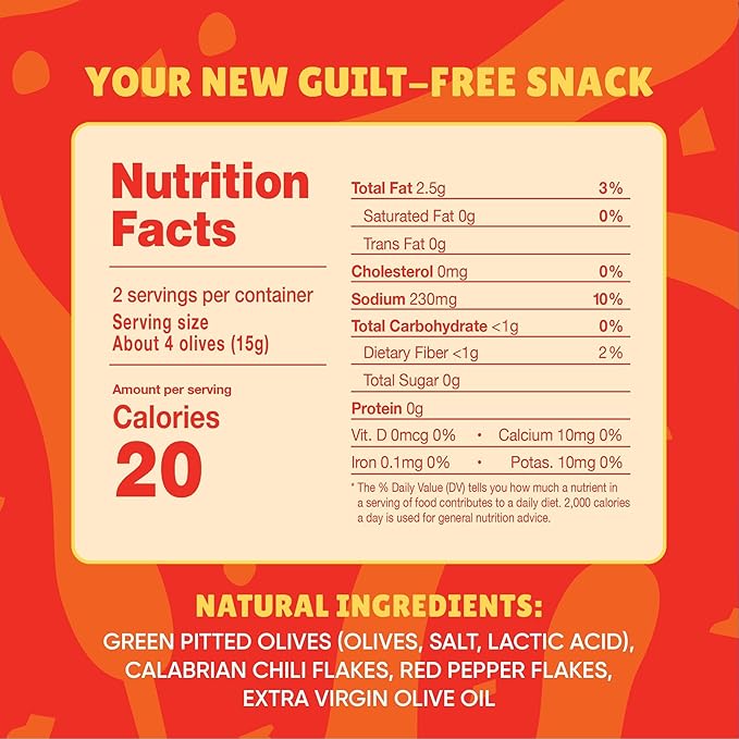 Freestyle Snacks Olive Snack Packs - Single Serve - Fresh Pitted Green Olives, Jumbo-Sized, Grown in Greece, All Natural, Non-GMO, Paleo, Sugar-Free, Keto, Salty Snack - Hot and Spicy, 1.1oz (24 Pack)