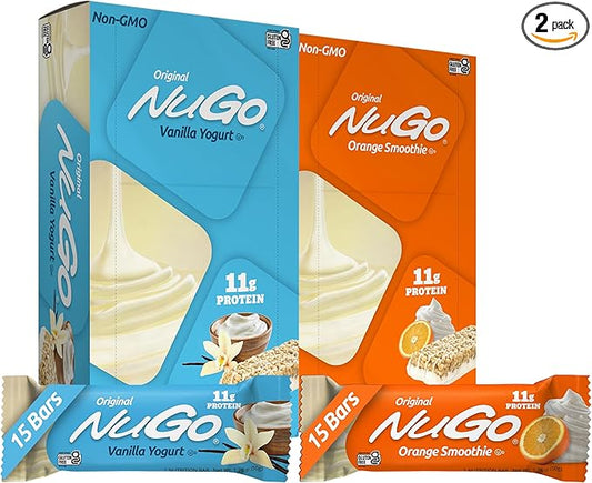 NuGo Original Variety, Vanilla Yogurt 15 bars & Orange Smoothie 15 bars, 11g Protein, Gluten Free, 30 Count