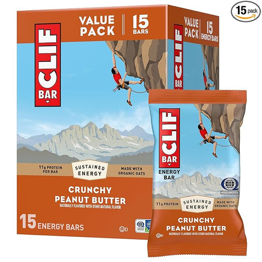 CLIF BAR - Protein Bars - Crunchy Peanut Butter - Made with Organic Oats - Energy Bars - Non-GMO (15 Pack)