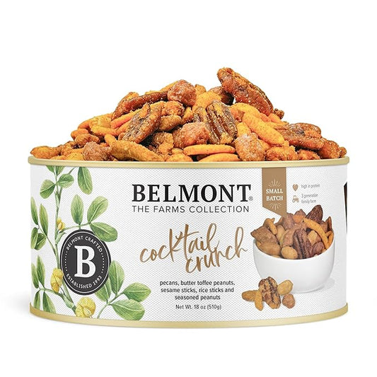 Belmont Peanuts Cocktail Crunch Mix, 18 oz (1 Pack) ??Pecans, Butter Toffee Virginia Peanuts, Sesame Sticks, Rice Sticks, Seasoned Peanuts ??Simple Ingredients, No Preservatives, Hand Seasoned