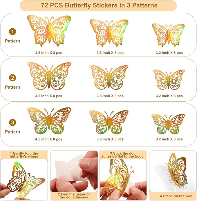 72 Pcs Butterfly Decorations, 3 Sizes 3 Styles, Butterfly Wall Decor, Butterfly Party Decorations, Birthday Decorations, Butterflies for Crafts, Cake Decorating, Wall Stickers Room Decor(Rainbow Gold)