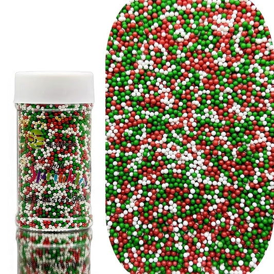 SE Si&Moos Nonpareil Sprinkles, 2mm Red Green White Mini Edible Pearls Red Green and White Sprinkles for Cake Decorating Christmas Cookie Decorations Wedding Shower Party Christmas Holiday Supplies 3.5 OZ
