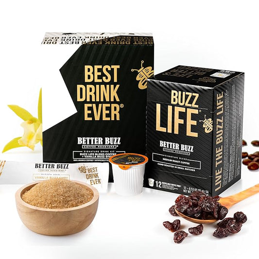 Better Buzz Best Drink Ever Vanilla Latte Single Serve Kit 24ct.,12 Medium Roast Coffee Pods (Buzz Life) & 12 (Vanilla Buzz) Coffee Creamer Powder Stick Packs, K-Cup Compatible