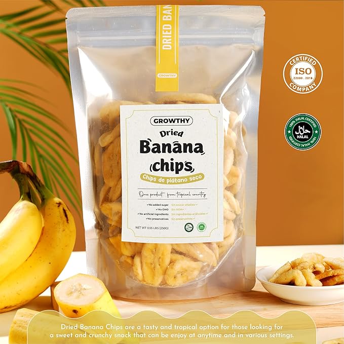 Growthy Dried Banana Chips Slices 250Grams, No Sugar Added, Crunchy Banana Snacks, Healthy banana chips For Kids And Adults, Vegan, None GMO, Low Sugar, Vitamin C,E, Keep Healthy