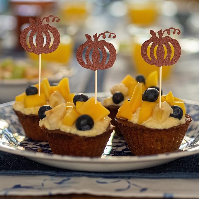 24pcs Pumpkin Cupcake Toppers - Brown Glitter Picks for Fall Theme Thanksgiving Halloween Birthday Baby Shower Party Decoration Supply
