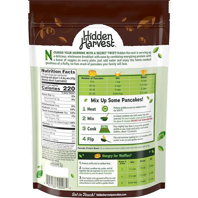 Hidden Harvest Chocolate Pancake & Waffle Mixes: Non-GMO Project Verified, Made with Hidden Veggies You Can't See or Taste, 7g of Protein per Serving, Just Add Water, Fluffly Pancakes for a Delicious Breakfast (20 oz)