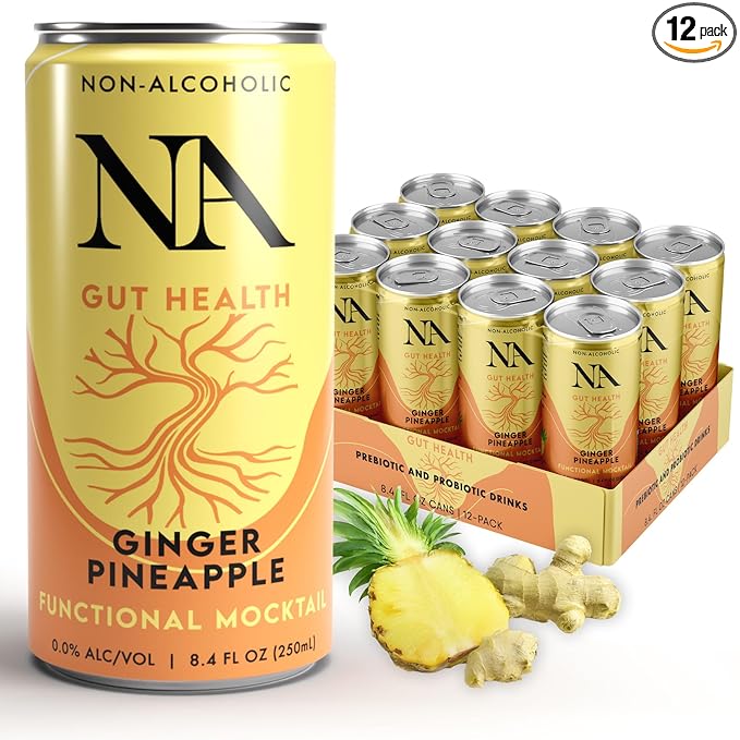 NA Non-Alcoholic Functional Adaptogen Drinks with Pre & Probiotic Blend | Ashwagandha, Mushrooms, Magnesium & L-Theanine | Low Sugar, Low Calorie Social Tonic, Ginger Pineapple, 8.4oz Cans (12 Pack)
