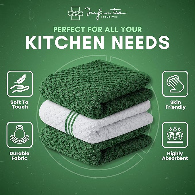 Infinitee Xclusives Premium Kitchen Towels ??Pack of 3, 100% Cotton 15 x 25 Inches Absorbent Dish Towels - Terry Kitchen Dishcloth Towels - Green Dish Cloth for Household Cleaning