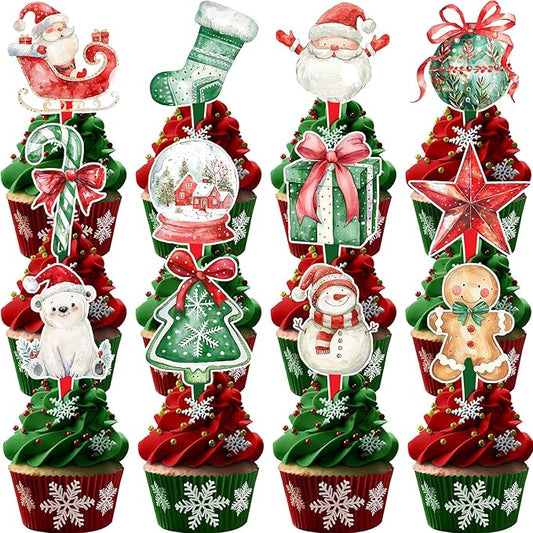 48 Pcs Christmas Cupcake Toppers - Festive Party Decorations for Christmas-Themed Birthdays, Baby Showers, and Holiday Cakes