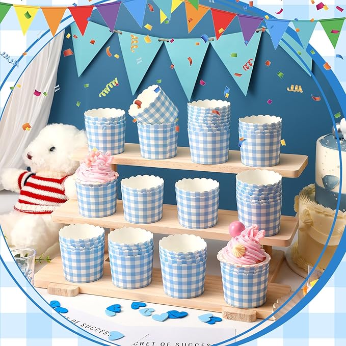 Vesici 150 Pcs Blue Gingham Ice Cream Cups 5oz Dessert Paper Bowls Gingham Scalloped Cupcake Cups Blue Disposable Dessert Bowls for Food Sundae Frozen Yogurt Soup Party Supplies