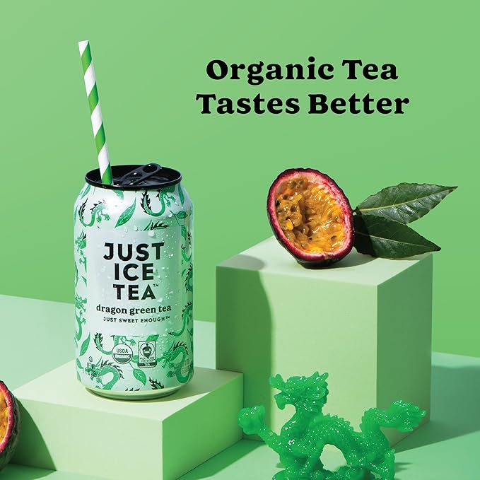 Just Ice Tea, Dragon Green Iced Tea, 24-Pack (12oz Cans), Green Tea, USDA Certified Organic, Real Brewed, Low Calorie, No Artificial Sweeteners, Fair Trade, Made in USA.