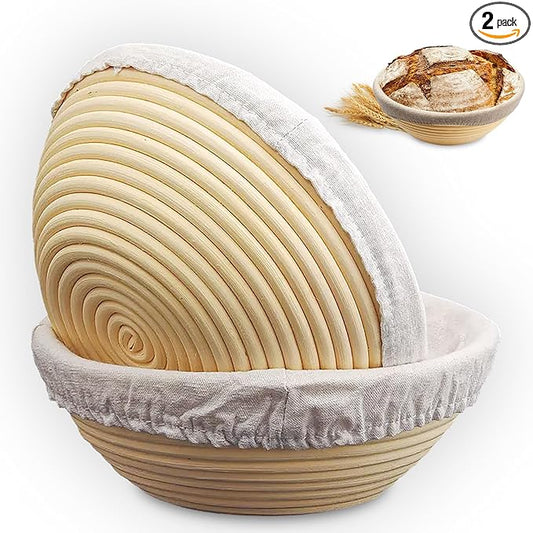 Banneton Bread Proofing Basket Set of 2, 9 Inch Round Sourdough Basket with Liners, Handmade Rattan Dough Proofing Bowl for Artisan Bread Making, Ideal for Bakers (Round 9 inch set 2 Pcs)