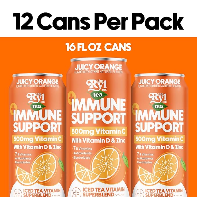 Ryl Immune Support Iced Tea, Juicy Orange, 500mg Vitamin C with Vitamin D & Zinc, Zero Sugar, Zero Calories, 16.0 Fl Oz (12-Pack)