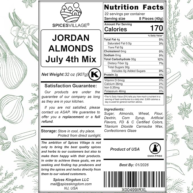 Spices Village Patriotic Jordan Almonds, July 4th Mix, Red White and Blue Candied Almonds, 32 oz, Perfect for Parties, Favors, and Gifting, Kosher Certified