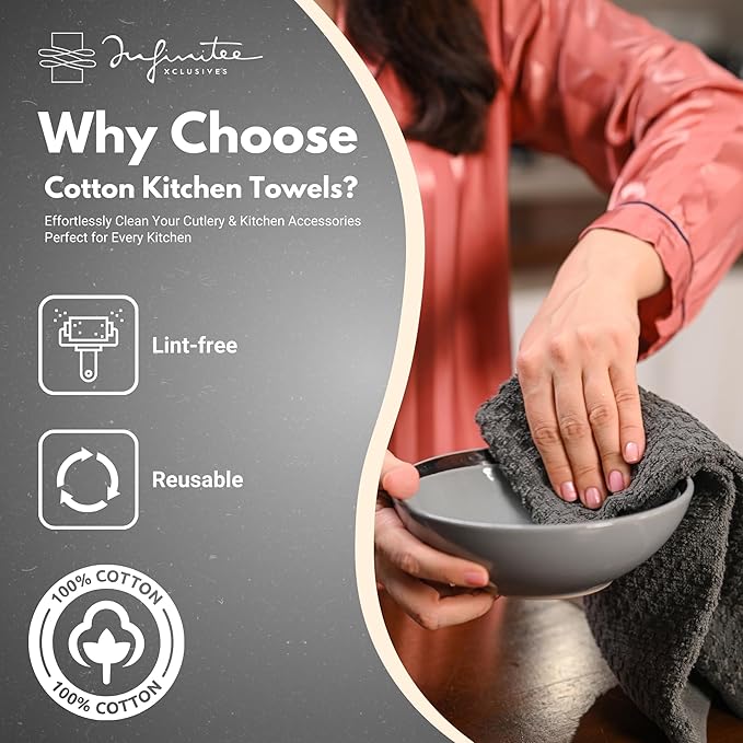Infinitee Xclusives Premium Kitchen Towels ??Pack of 3, 100% Cotton |15 x 25| Inches Absorbent Dish Towels - Terry Kitchen Dishcloth Towels - Grey Dish Cloth for Household Cleaning
