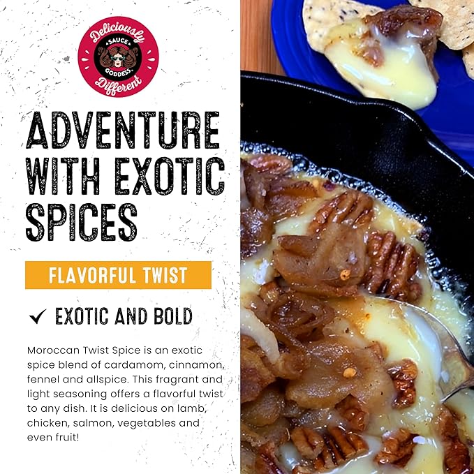 Sauce Goddess Moroccan Twist Spice Shaker (2-Pack) - Exotic Blend of Cardamom, Cinnamon, and More. Spices and Seasonings, No Sugar, Gluten-Free, Low in Sodium, Vegan-Friendly BBQ Rub