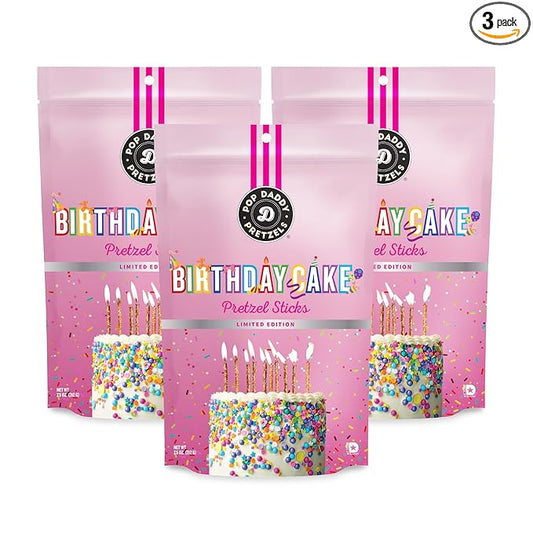 Pop Daddy Pretzels Sticks, Healthy Gourmet Flavored Pretzels Snacks, 7.5oz Individual Bags, 3 Pack, Birthday Cake