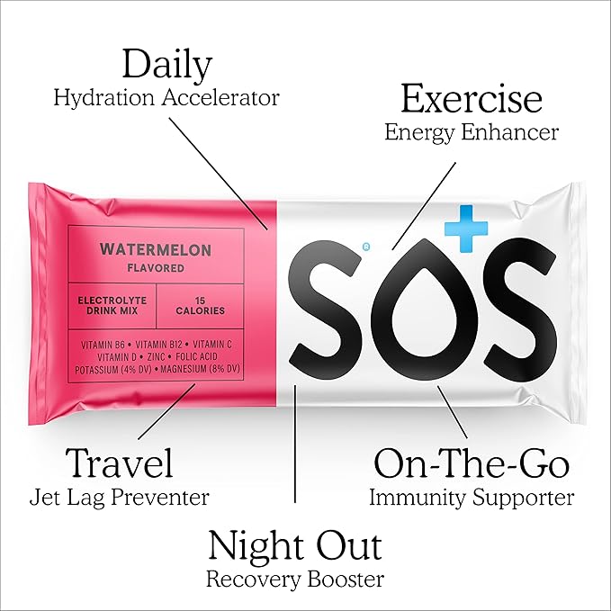SOS Hydration Electrolyte Powder Packets, Watermelon Flavor, 8 Stick Packs ??Low-Calorie, Rapid Rehydration, Made in USA, Keto & Vegan Friendly