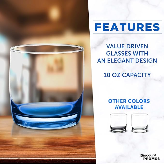 DISCOUNT PROMOS Whiskey Glasses 10 oz Set of 10, Bulk Pack - Heavy Base Old Fashioned Glass, Perfect for Scotch, Bourbon, Whiskey, Cocktail - Blue Bottom Color