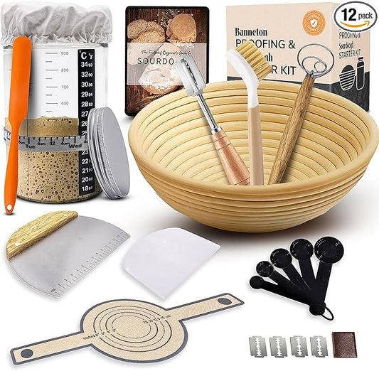 Complete Sourdough Starter Kit and Sourdough Bread Baking Supplies - Includes 9" Banneton Proofing Basket, 34oz Sourdough Starter Jar, Silicone Bread Sling, Scrapers, Bread Lame and Measuring Spoons