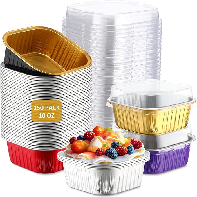 Aoriher 150 Pieces 10 oz Mini Cake Pans with Lids Aluminum Foil Baking Cups Square Disposable 4" x 4" Large Cupcake Cups Baking Tins for Kitchen Brownie Pudding Desserts Holders(Multicolor)